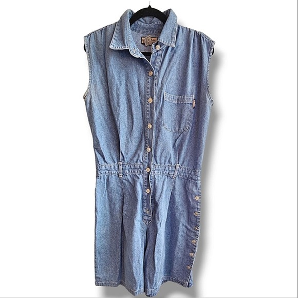 Vintage 90s Denim Blue Jean Cap Sleeve Button Down Romper Size Large - Picture 6 of 6